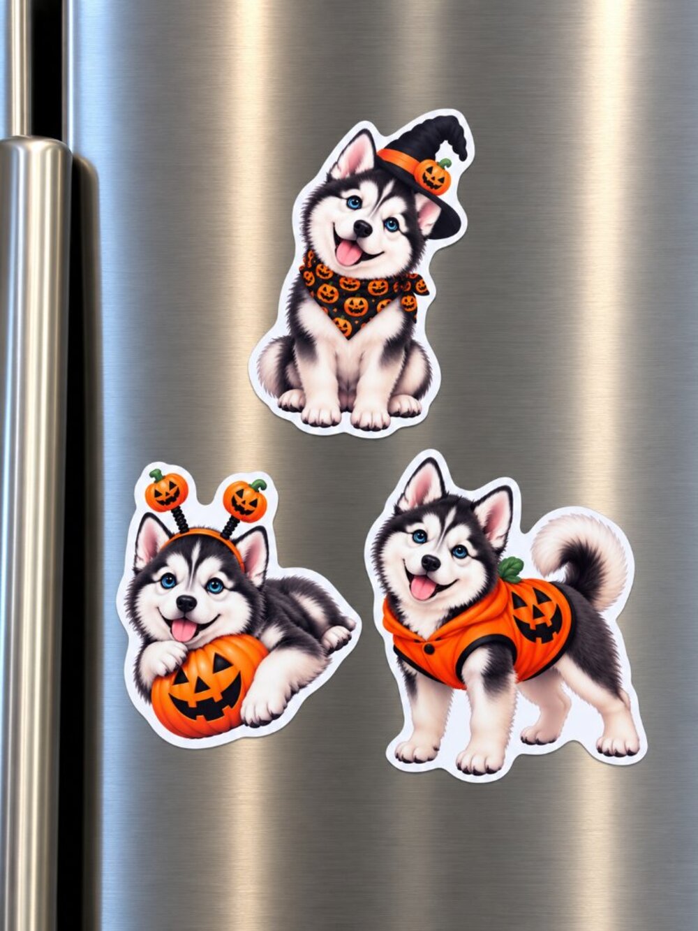 3 Siberian Husky Halloween Dog Magnets Pumpkin Puppy Fridge Decor Handmade